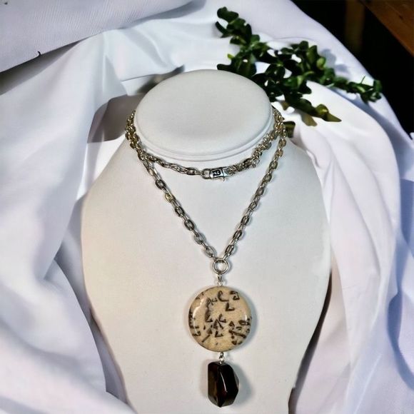 Etienne Aigner Large Dalmatian Jasper Stone Drop Necklace Silver Tone Signed - Picture 2 of 6